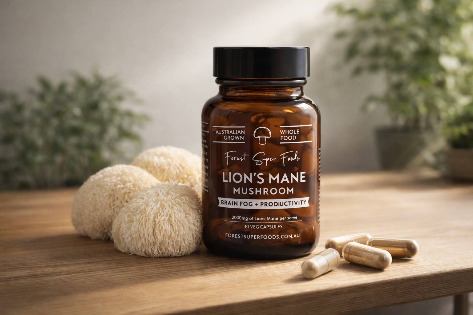 Australian grown Lion’s Mane mushroom capsules bottle on white background, full spectrum fruiting body and mycelium supplement for brain health, focus, memory, and cognitive support.