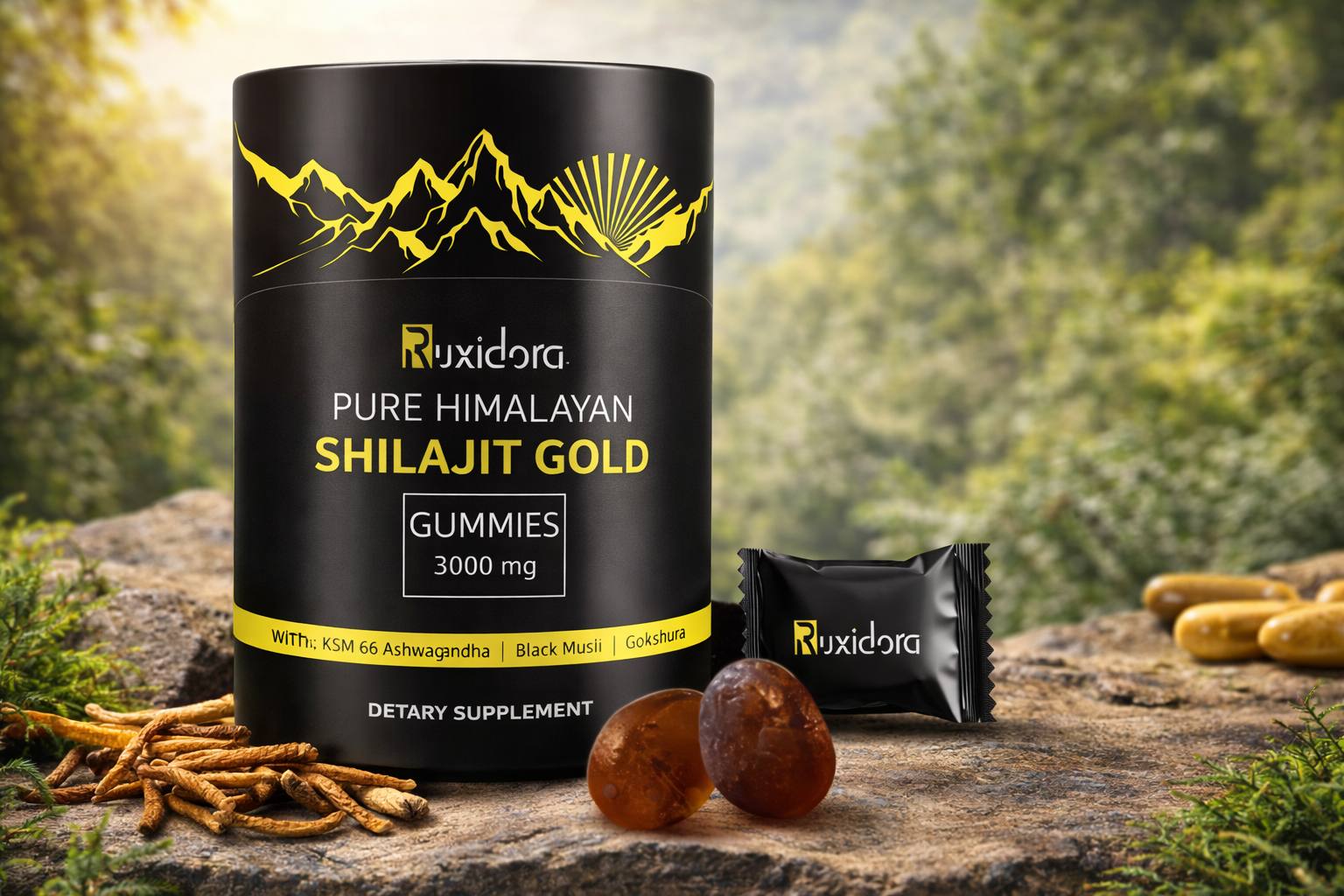 Pure Himalayan Shilajit tablets displayed with premium packaging, naturally rich in fulvic acid and trace minerals, supporting energy, metabolism, and overall wellness.