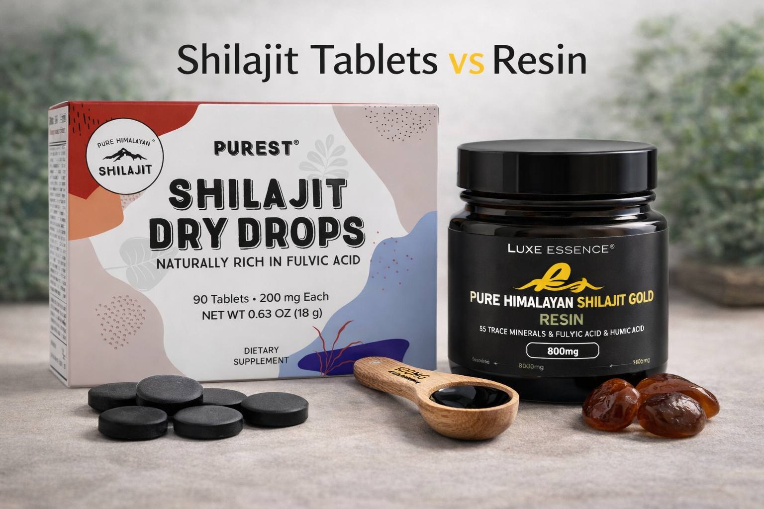 Shilajit tablets and Himalayan Shilajit resin comparison showing differences in form, usage, and mineral concentration for daily wellness support