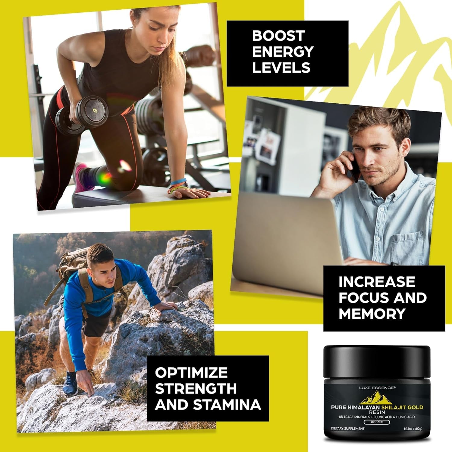 Himalayan shilajit resin supplement supporting energy levels, focus, strength and stamina for active lifestyle
