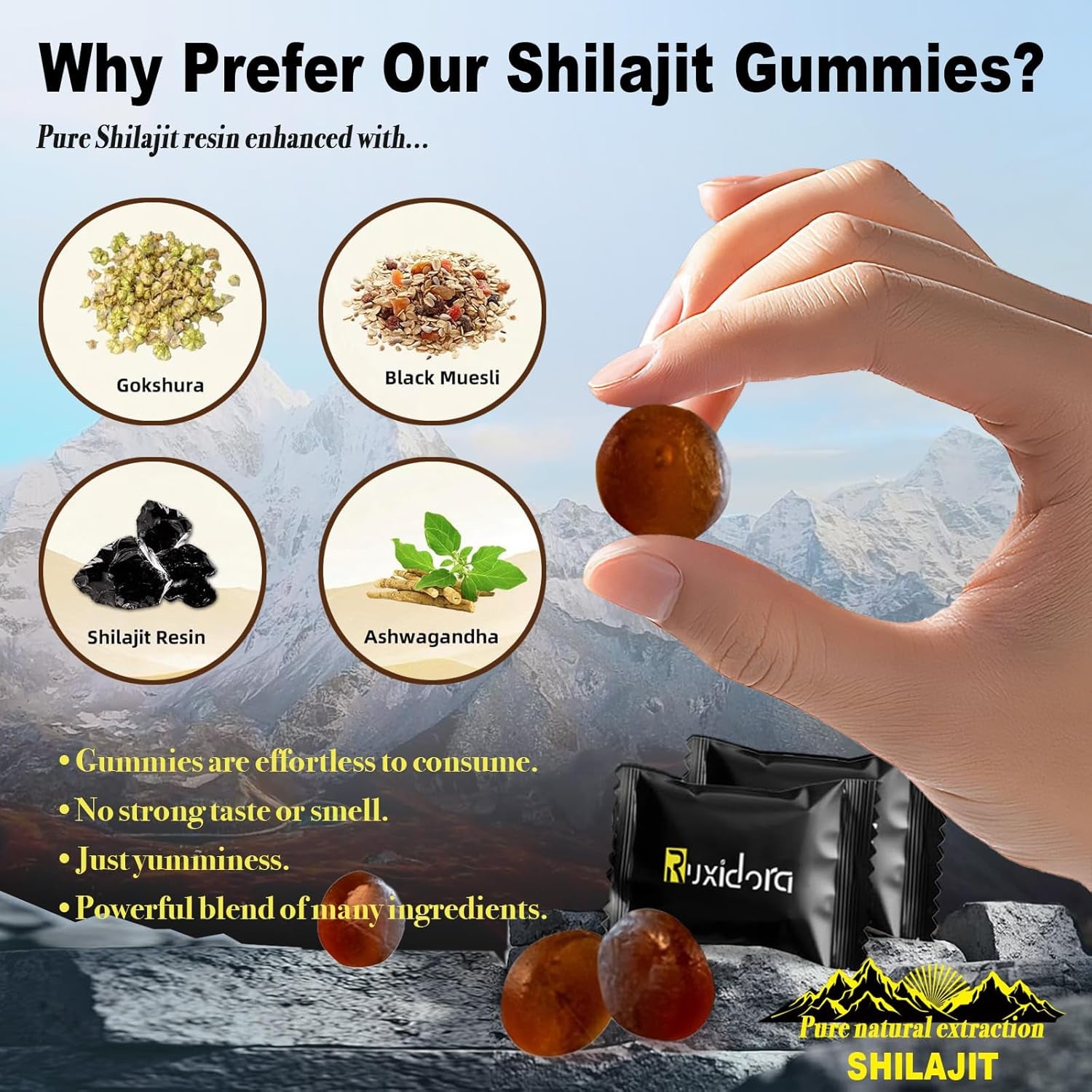 Himalayan Shilajit Gummies ingredients including pure shilajit resin, ashwagandha, black musli and gokshura