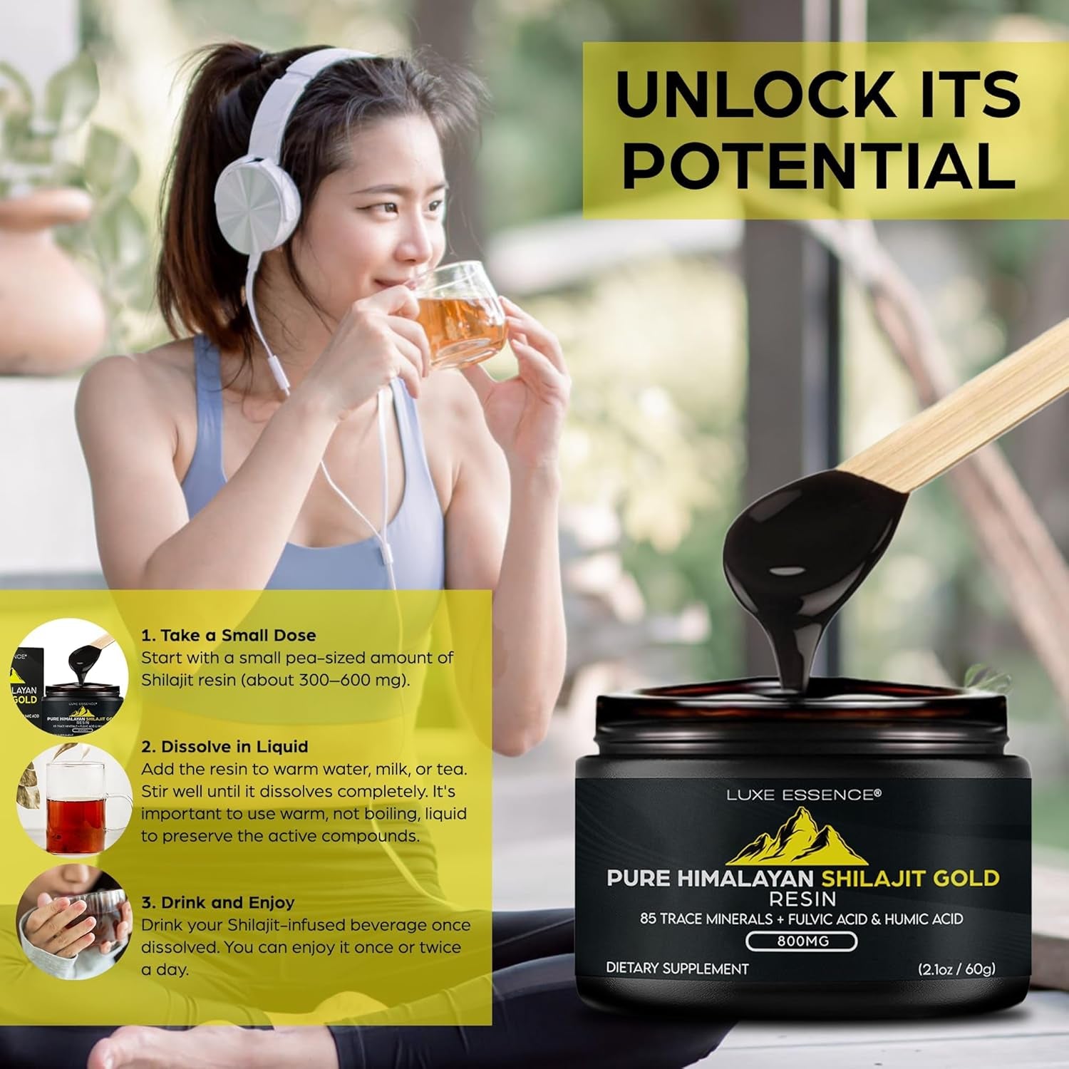 How to use Himalayan shilajit resin showing dosage, mixing in warm water or tea for daily wellness routine