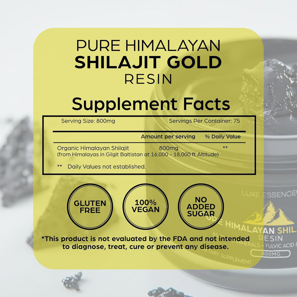 Supplement facts label of Pure Himalayan Shilajit Gold Resin 800mg with vegan, gluten free and no added sugar icons