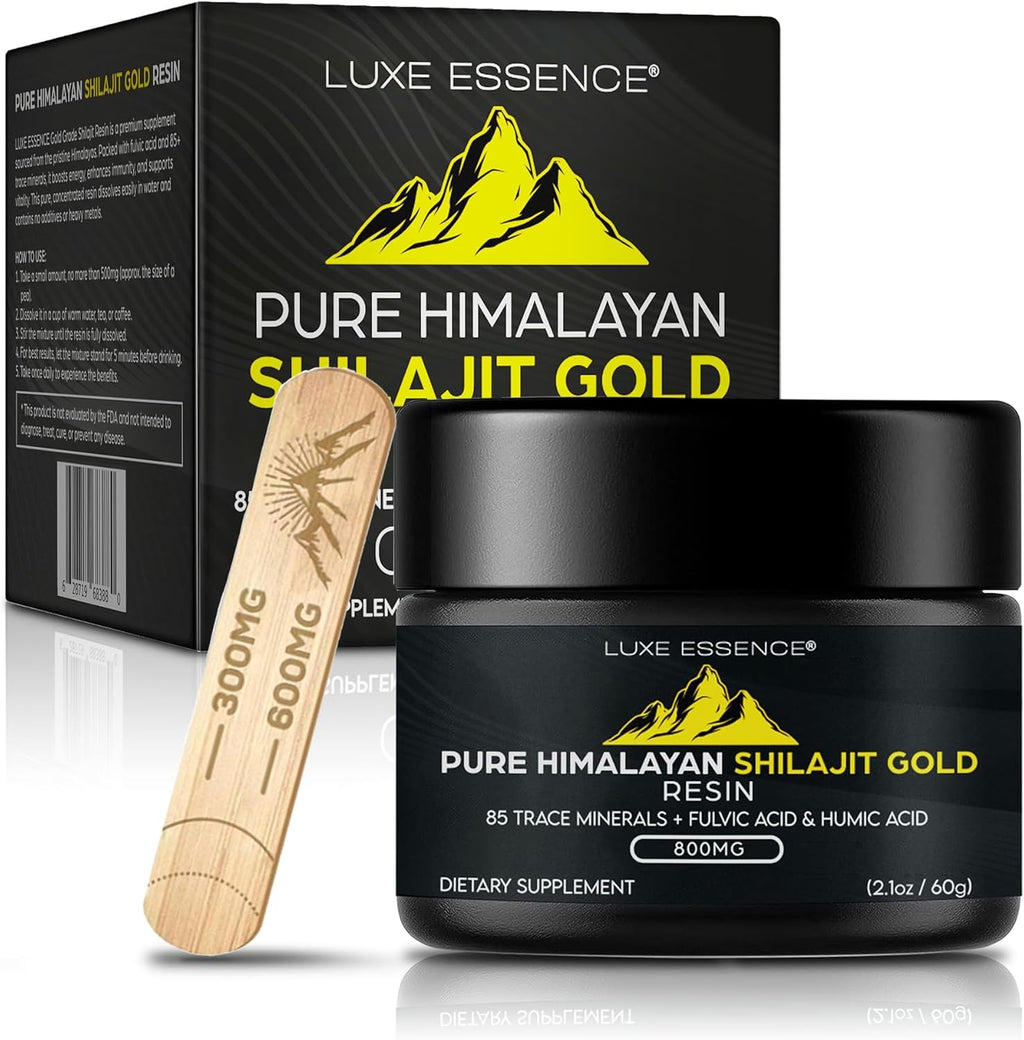 Pure Himalayan Shilajit Gold Resin 800mg by Luxe Essence with wooden spoon, 85 trace minerals and fulvic acid