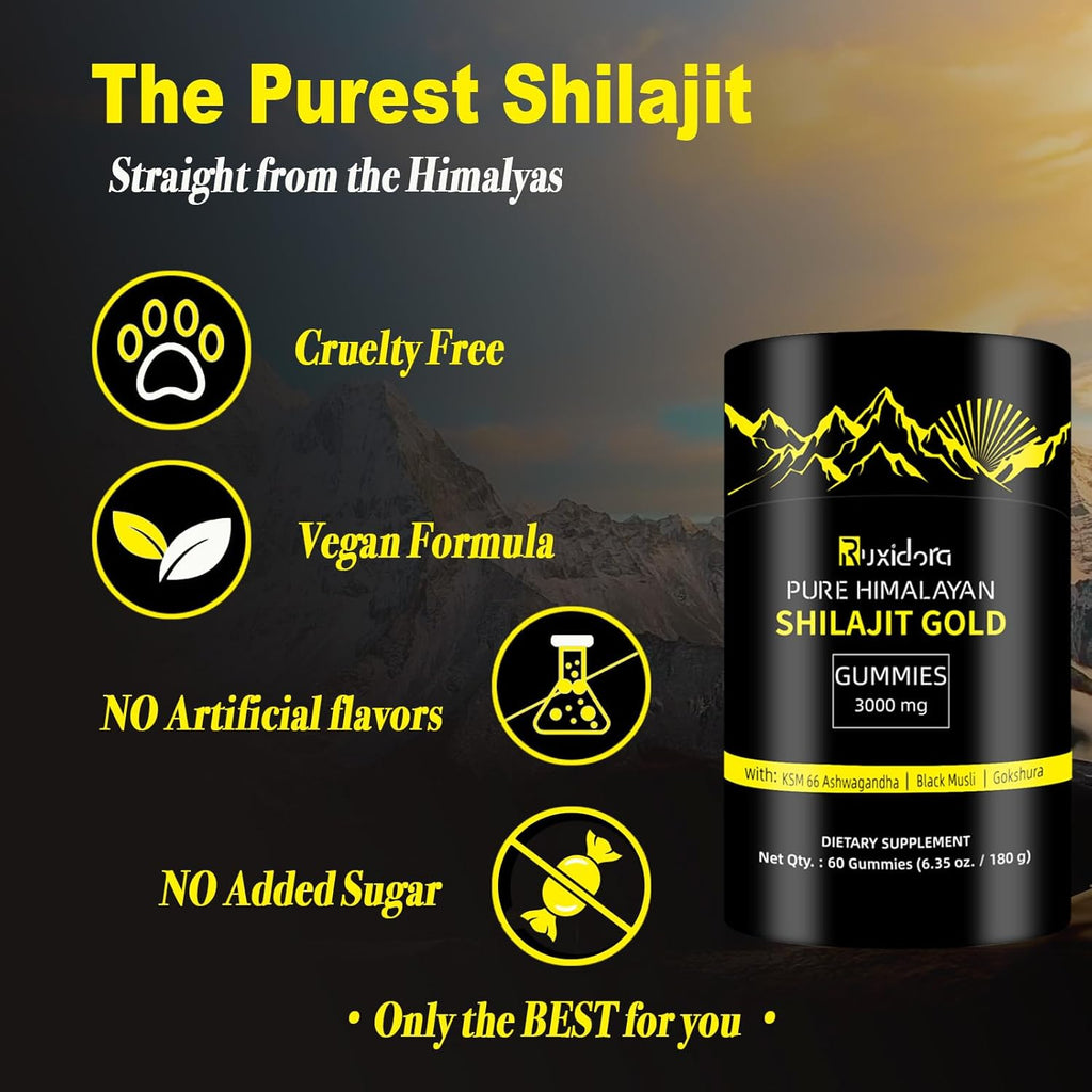 Pure Himalayan Shilajit Gold Gummies vegan formula with no added sugar, no artificial flavours and cruelty free