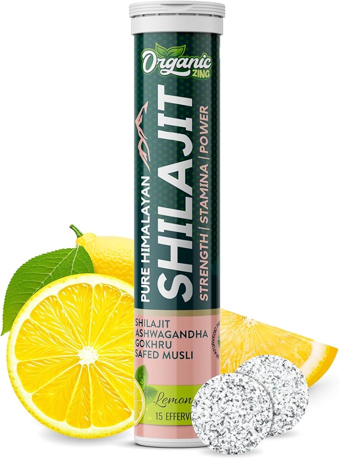 Organic Zing Himalayan Shilajit Effervescent Tablets | Helps to Boost Strength & Stamina | Enriched with Ashwagandha, Gokhru, and Safed Musli Extracts | Lemon Flavor, 15 Tablets