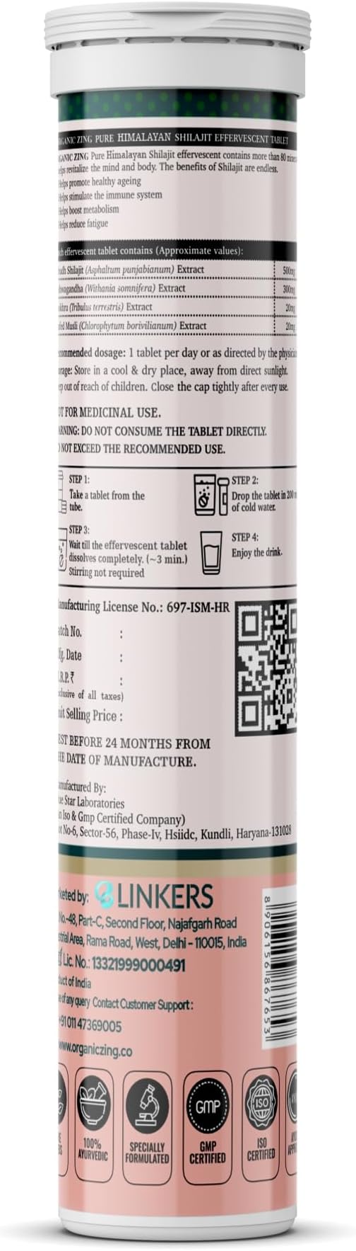 Organic Zing Himalayan Shilajit Effervescent Tablets | Helps to Boost Strength & Stamina | Enriched with Ashwagandha, Gokhru, and Safed Musli Extracts | Lemon Flavor, 15 Tablets