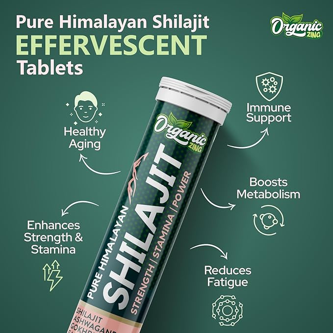 Organic Zing Himalayan Shilajit Effervescent Tablets | Helps to Boost Strength & Stamina | Enriched with Ashwagandha, Gokhru, and Safed Musli Extracts | Lemon Flavor, 15 Tablets