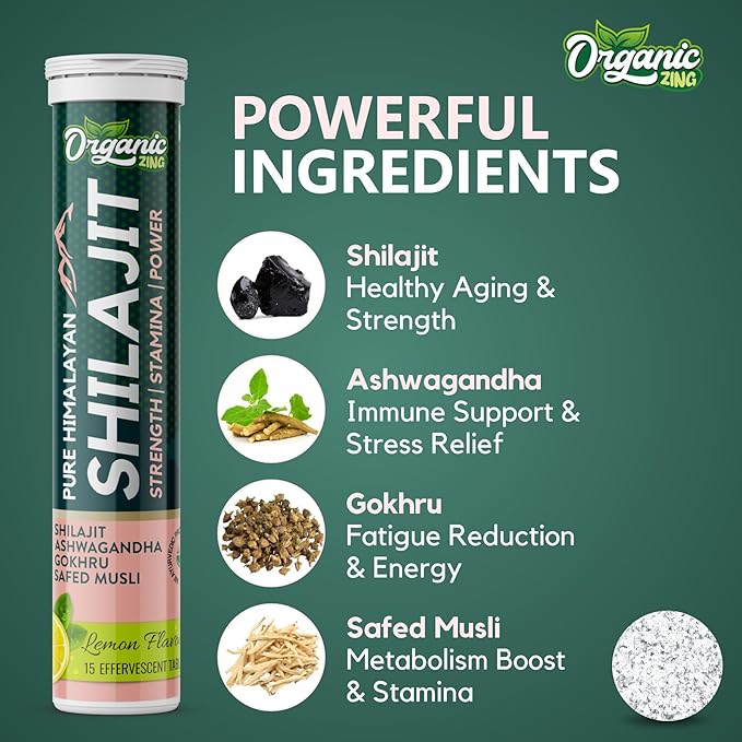 Organic Zing Himalayan Shilajit Effervescent Tablets | Helps to Boost Strength & Stamina | Enriched with Ashwagandha, Gokhru, and Safed Musli Extracts | Lemon Flavor, 15 Tablets