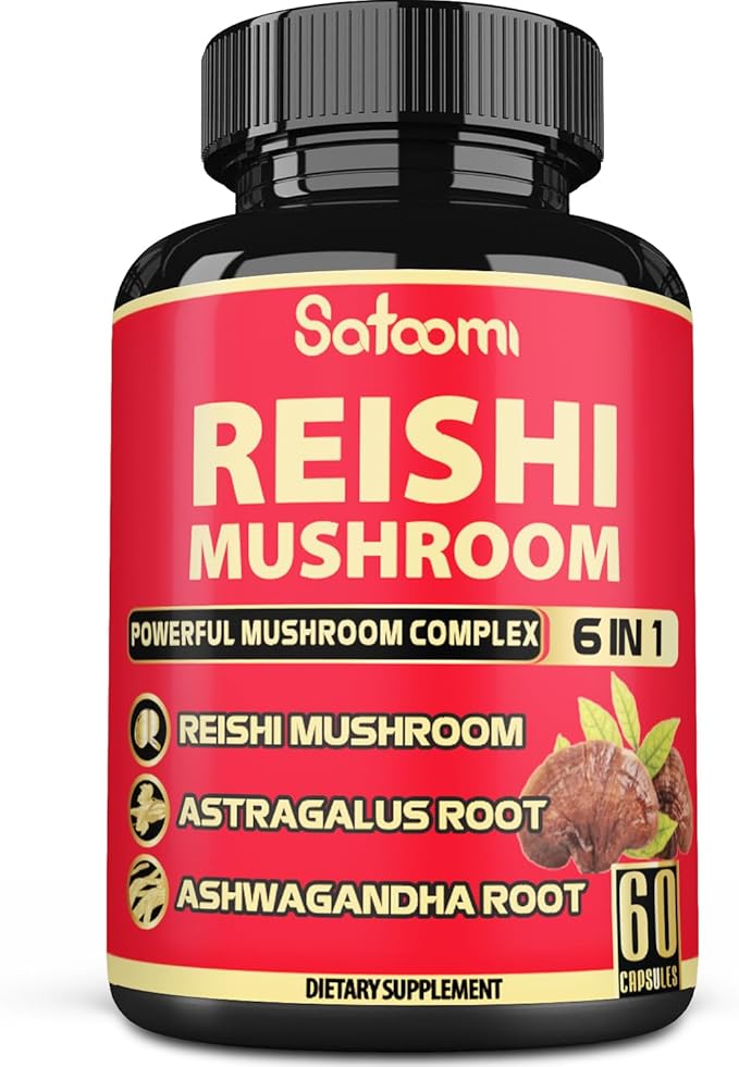 6in1 Reishi Mushroom Supplement Capsules - 6 Natural Ingredients - 60 Vegan Caps for a 2-Month Supply