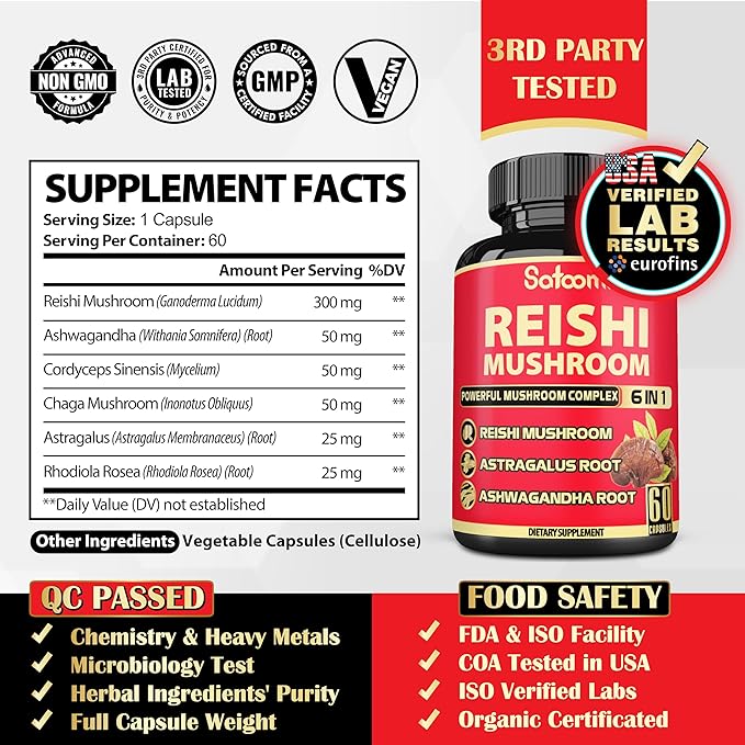 6in1 Reishi Mushroom Supplement Capsules - 6 Natural Ingredients - 60 Vegan Caps for a 2-Month Supply