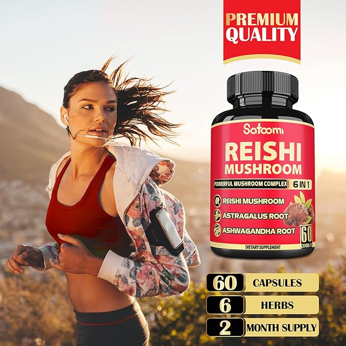 6in1 Reishi Mushroom Supplement Capsules - 6 Natural Ingredients - 60 Vegan Caps for a 2-Month Supply