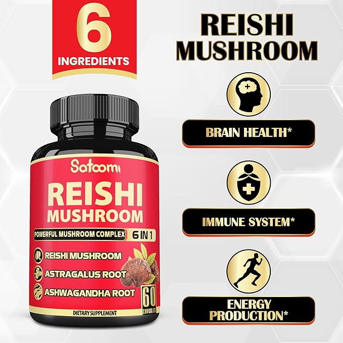 6in1 Reishi Mushroom Supplement Capsules - 6 Natural Ingredients - 60 Vegan Caps for a 2-Month Supply