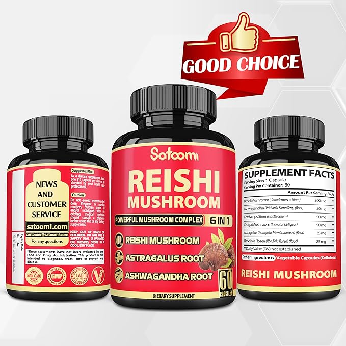6in1 Reishi Mushroom Supplement Capsules - 6 Natural Ingredients - 60 Vegan Caps for a 2-Month Supply