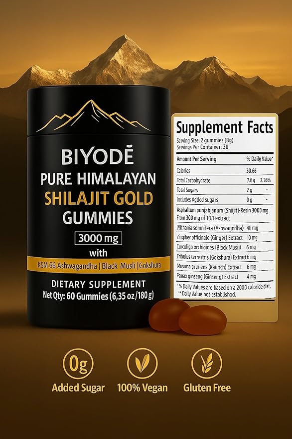 Pure Himalayan Shilajit Gold Gummies – 60 Vegan Gummies with Fulvic Acid & 85+ Trace Minerals – Energy, Focus & Immunity Booster – Organic Resin Alternative – Non-GMO, Gluten-Free Supplement