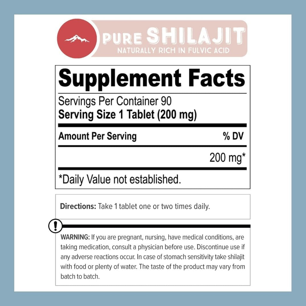 Pure Shilajit tablets supplement facts
