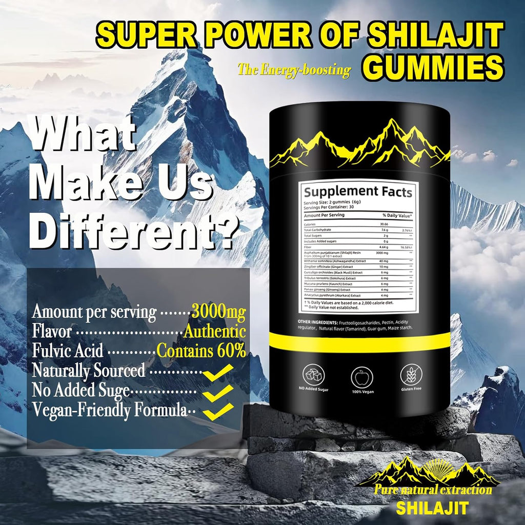 Super power of Himalayan Shilajit Gummies showing 3000mg per serving, 60% fulvic acid, vegan and no added sugar benefits
