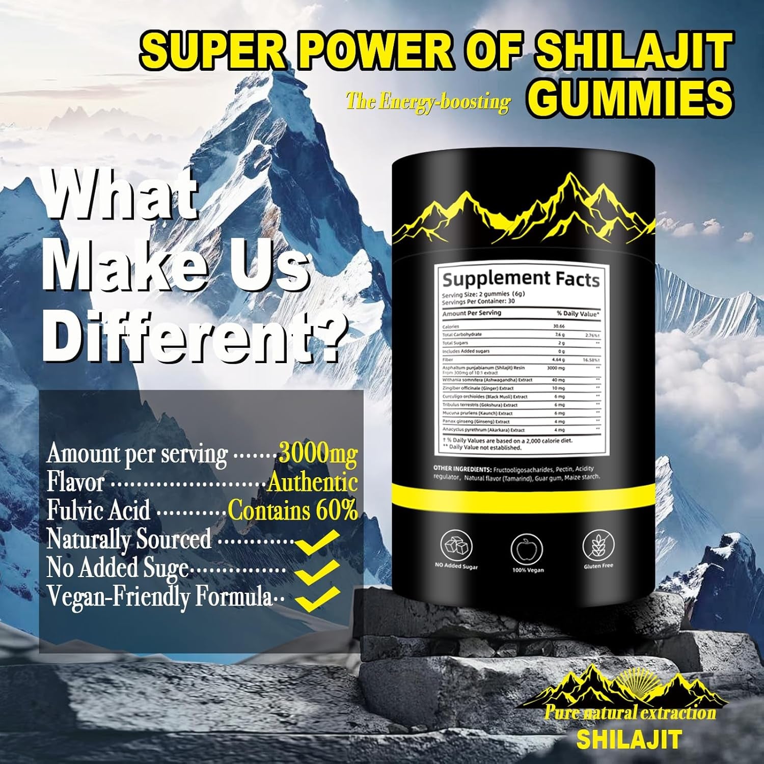 Super power of Himalayan Shilajit Gummies showing 3000mg per serving, 60% fulvic acid, vegan and no added sugar benefits