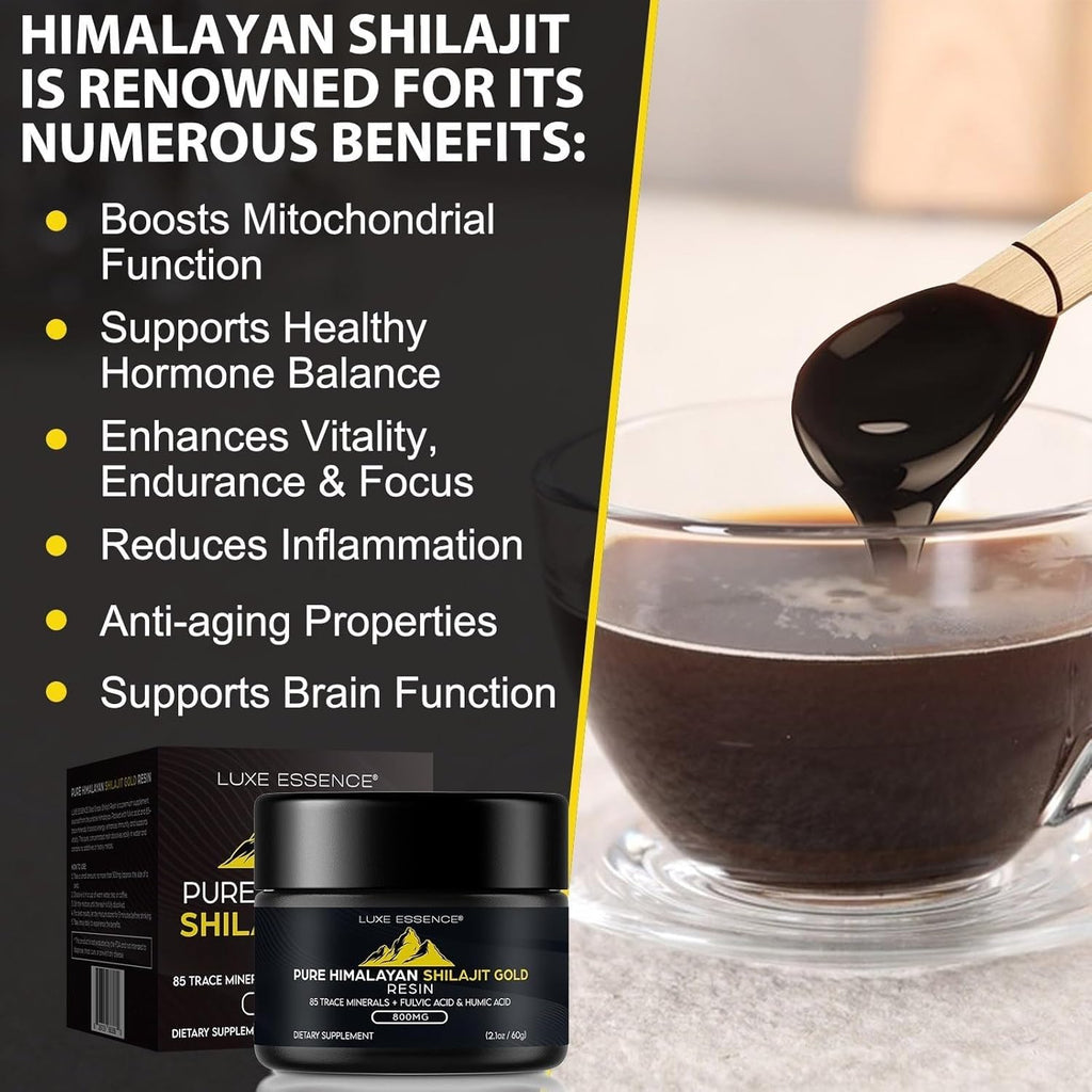 Himalayan shilajit resin drink showing traditional use with fulvic acid for vitality, focus and daily wellness support