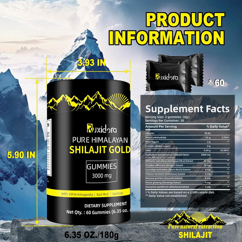 Himalayan Shilajit Gold Gummies supplement facts showing 3000mg shilajit, herbal extracts and serving information